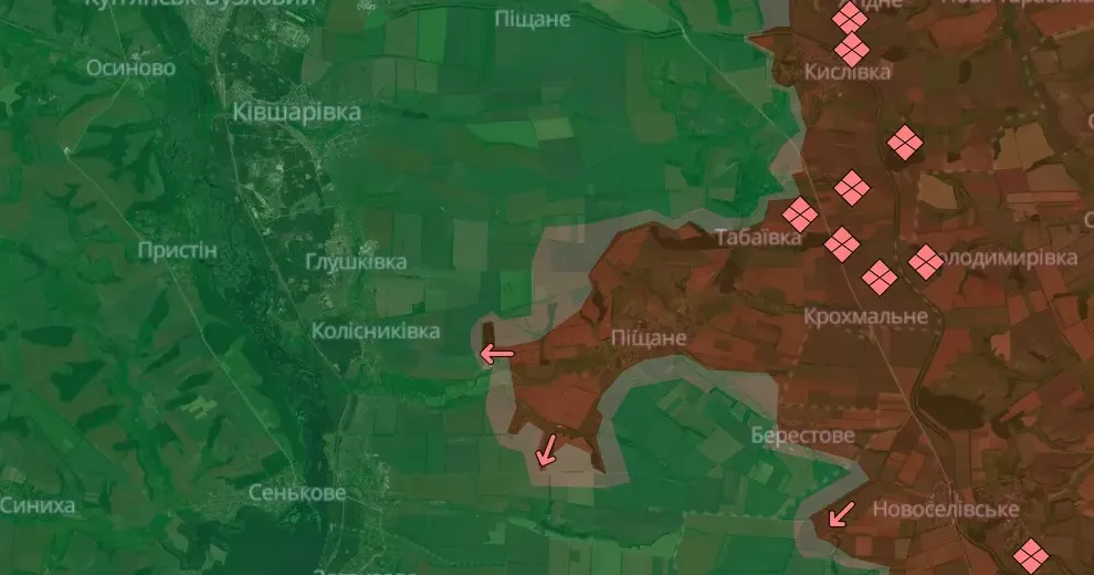 Скриншот карти DeepState станом на 13.09.2024 Ворог просунувся поблизу Піщаного і знищує Колісниківку КАБами на порталі Gromada Group