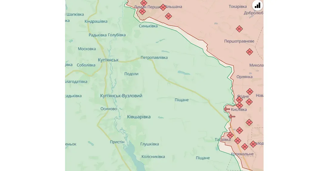 Скриншот з карти https://deepstatemap.live станом на 14.05.2024 22 атаки противника відбили Сили оборони України на Куп'янському напрямку — Генштаб ЗСУ (23.00 / 13.05) на порталі Gromada Group