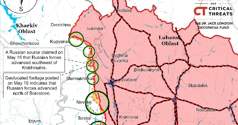 Карта: ISW (May, 16. 3.00 p.m.) Російські сили просунулися на північ від Берестового — експерти ISW на порталі Gromada Group