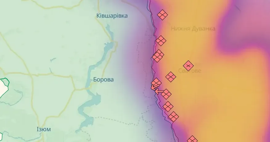 Скриншот з онлайн-карти https://deepstatemap.live/#9/49.4329/37.5925 Дії військ противника на Куп'янському напрямку станом на 16 вересня аналізує координатор групи "Інформаційний спротив", полковник ЗСУ Костянтин Машовець.