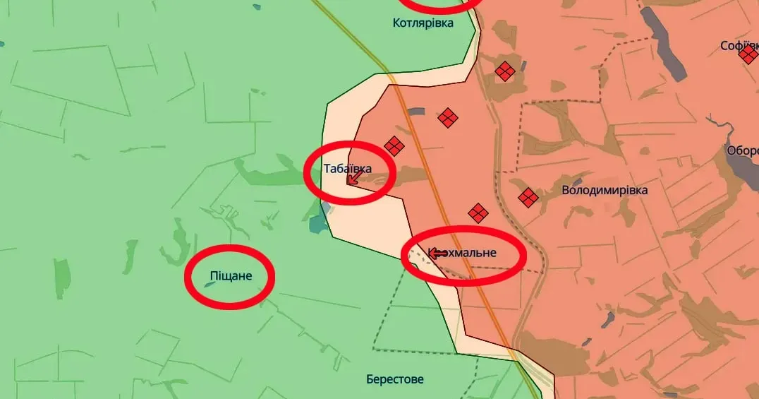 Зображення: скриншот з онлайн карти https://deepstatemap.live/#6/49.438/32.053 Піщане — нова ціль ворога на Куп'янському напрямку — Костянтин Машовець на порталі Gromada Group