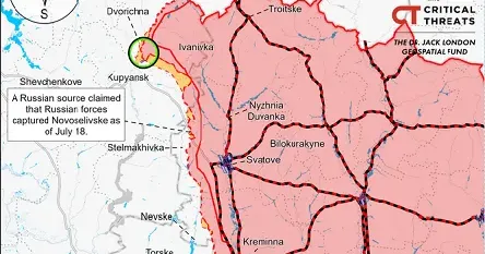 Скриншот з карти ISW, 18 липня Експерти Інституту вивчення війни (Institute for the Study of War) проаналізували ситуацію на кордоні Харківської і Луганської областей станом на 18 липня. Редакція КУП’ЯНСЬК Gromada Group публікує переклад вибраних фрагментів аналітичного звіту.