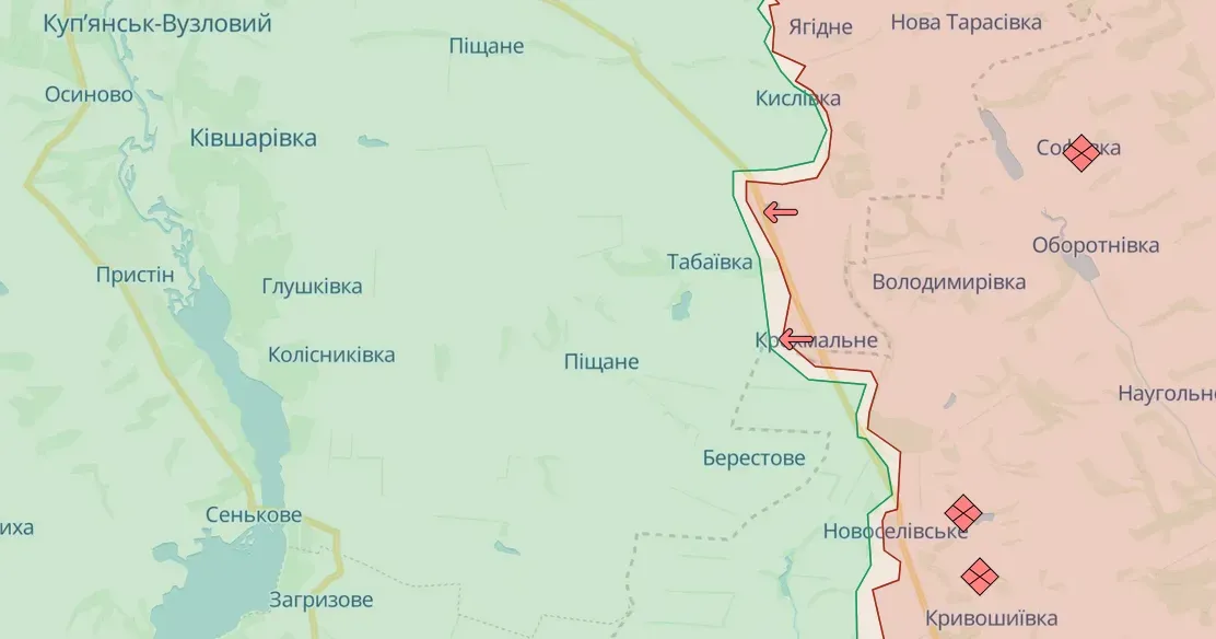 Скриншот з онлайн карти https://deepstatemap.live/#11/49.5672/37.7682 Сили оборони України залишили Крохмальне на порталі Gromada Group