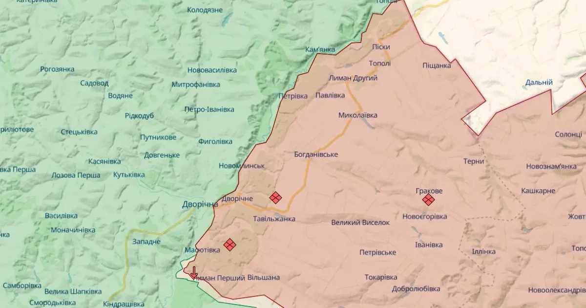 Скриншот з онлайн-карти https://deepstatemap.live Різке зниження темпів наступу противника на Лиманському напрямку, крім жорсткої оборони українських військ, також пов'язане з активізацією противника на північ — у бік Борової і на Куп'янському напрямку, — припускає координатор групи "Інформаційний спротив", полковник ЗСУ Костянтин Машовець.