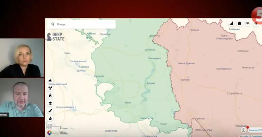 Скриншот з відео 5 каналу На Куп'янщині окупанти "зав'язли у тактичній зоні" — Костянтин Машовець на порталі Gromada Group
