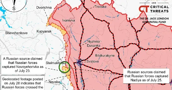 Скриншот з карти ISW, 28 липня Експерти Інституту вивчення війни (Institute for the Study of War) проаналізували ситуацію на кордоні Харківської і Луганської областей станом на 28 липня. Редакція КУП’ЯНСЬК Gromada Group публікує переклад вибраних фрагментів аналітичного звіту.